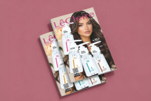 Portada del catálogo Cosmetics de LêCleire, campaña de octubre 2026 para Guatemala, modelo y frascos de gotas para peinar.
