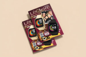 Portada del catálogo Glamour & Home de LêCleire, campaña de octubre 2026, con relojes inteligentes digitales y foto de graduación.